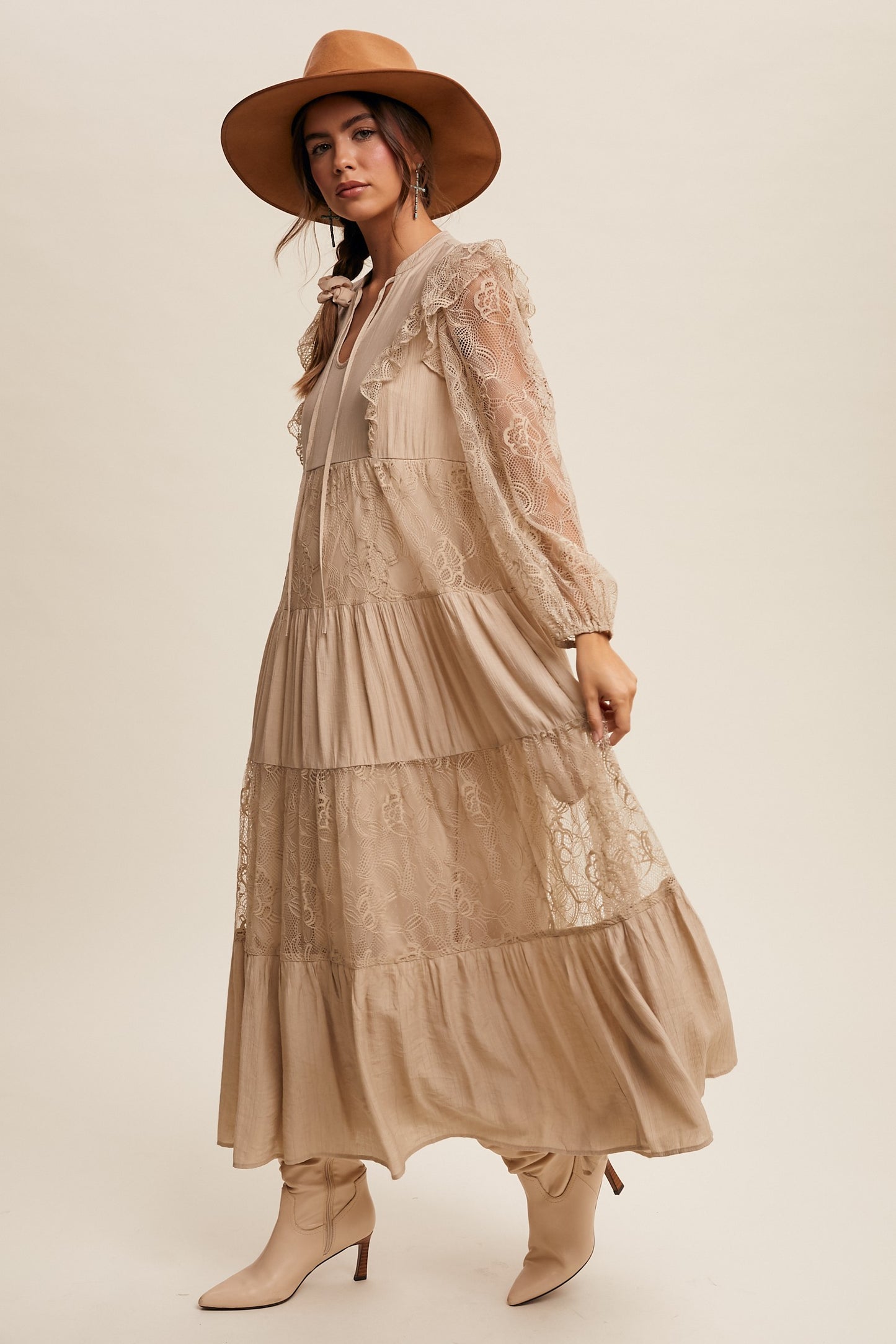 Sara Storybook Romance Boho Maxi Dress in Taupe