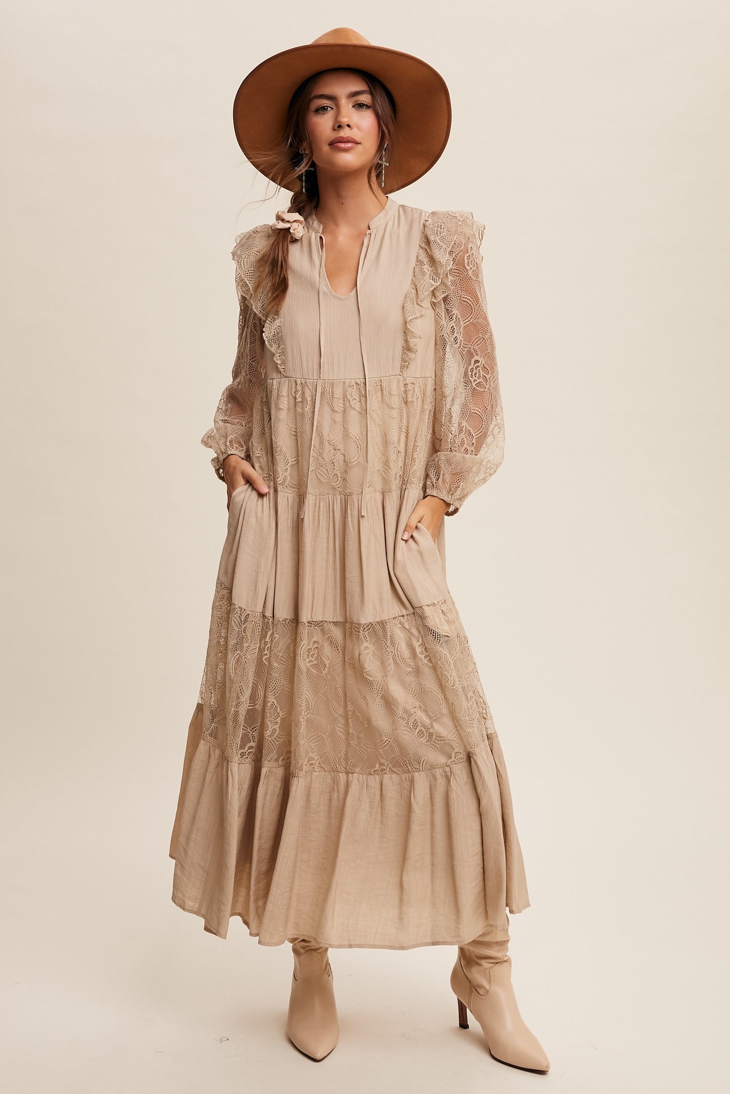 Sara Storybook Romance Boho Maxi Dress in Taupe