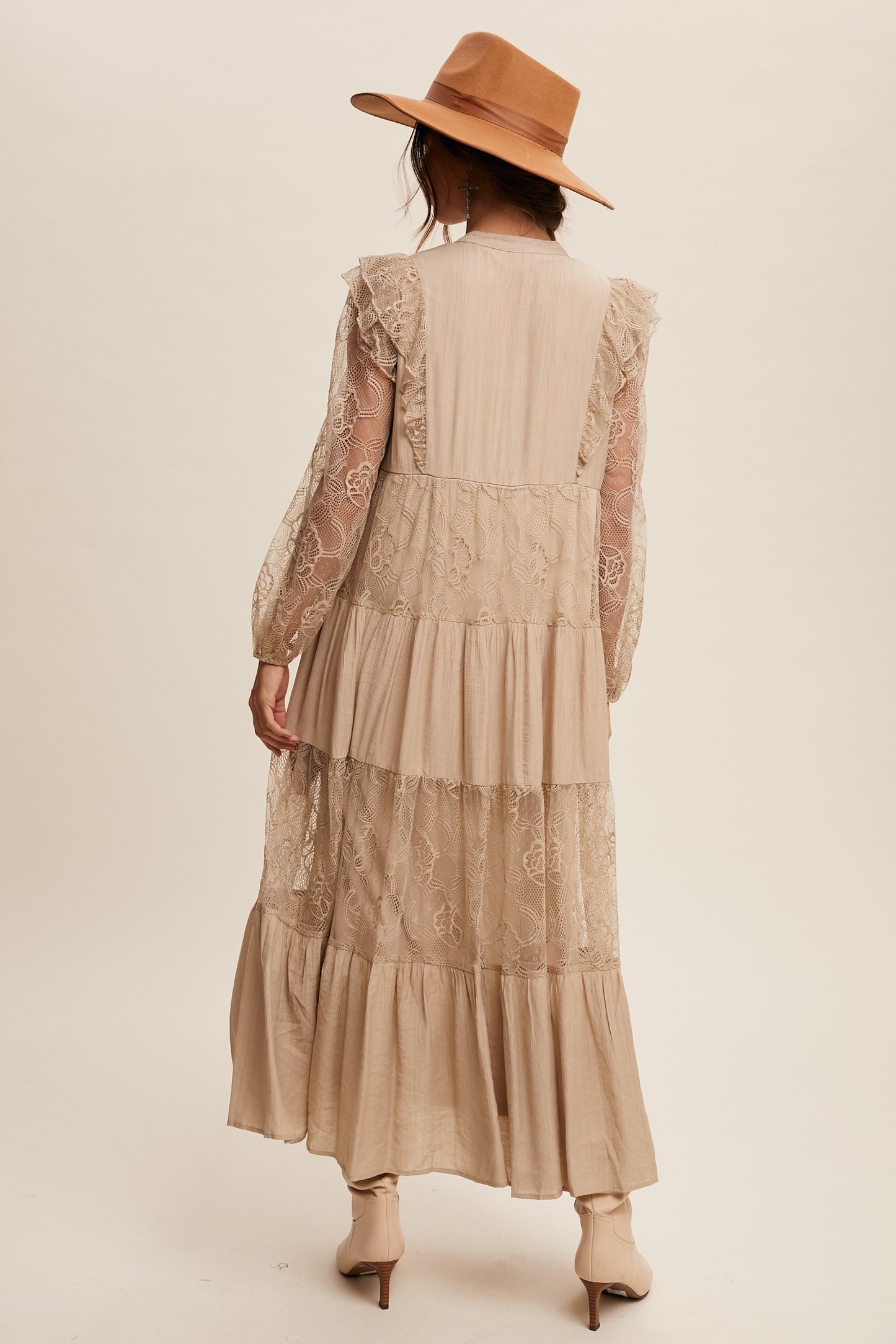 Sara Storybook Romance Boho Maxi Dress in Taupe