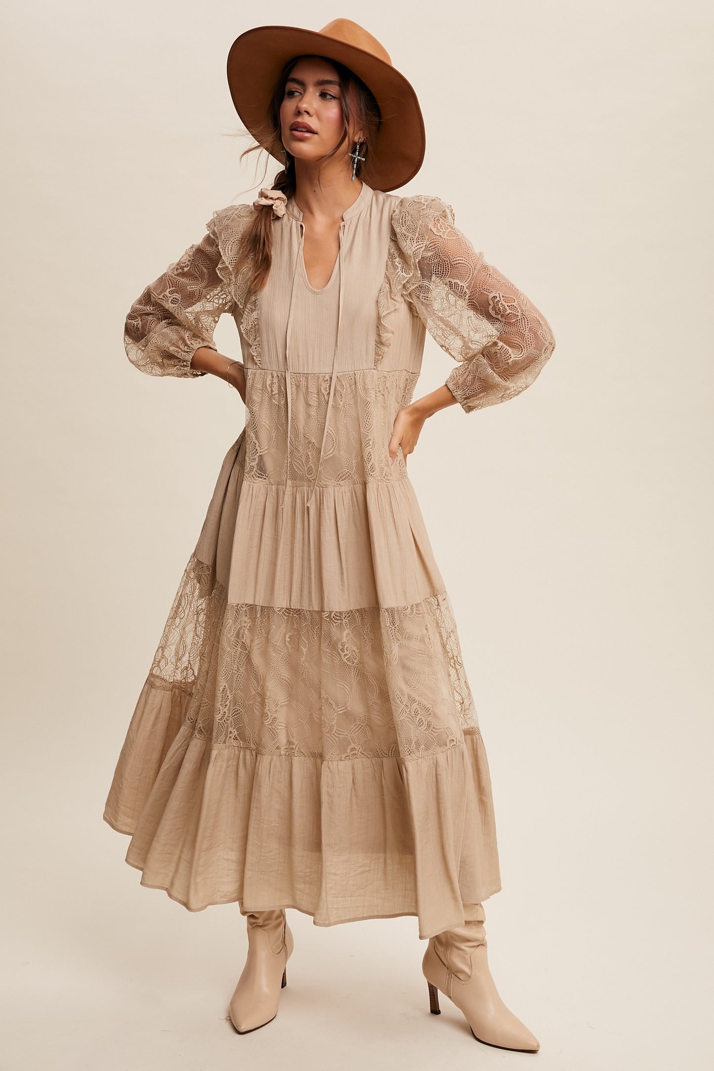 Sara Storybook Romance Boho Maxi Dress in Taupe