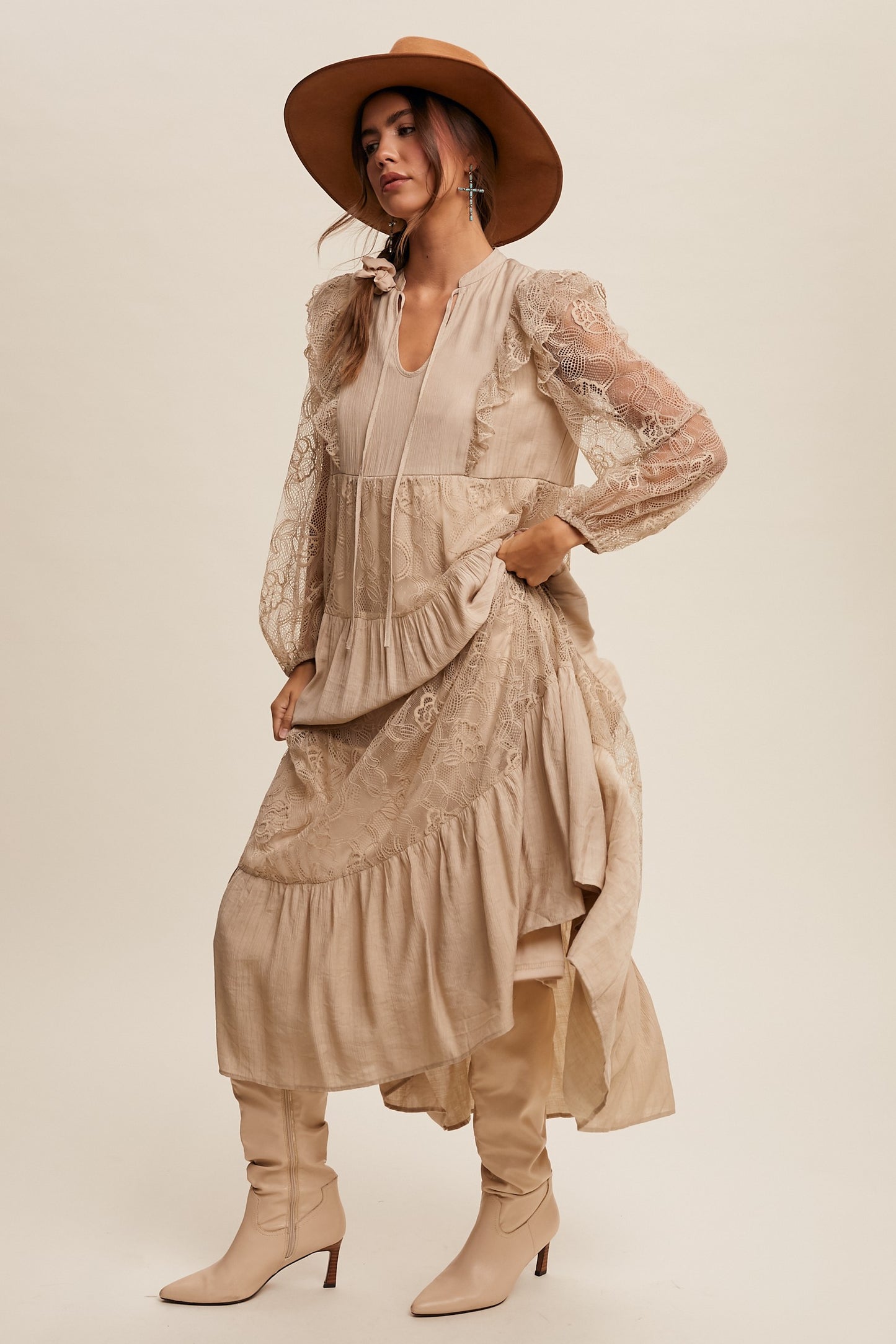 Sara Storybook Romance Boho Maxi Dress in Taupe