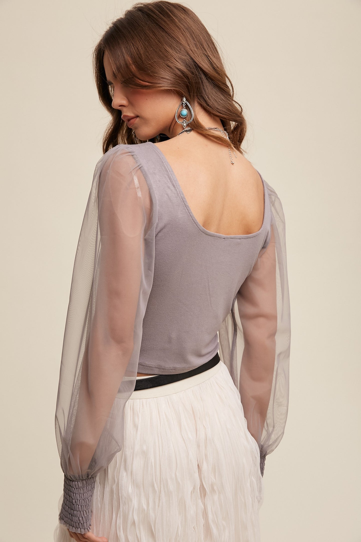 Silver Linings Sheer Balloon Sleeve Crop Top