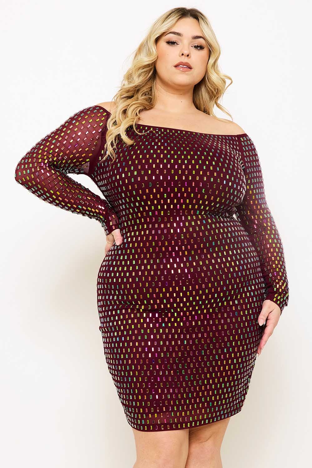 Mirrored Image Curvy Party Dress in Wine
