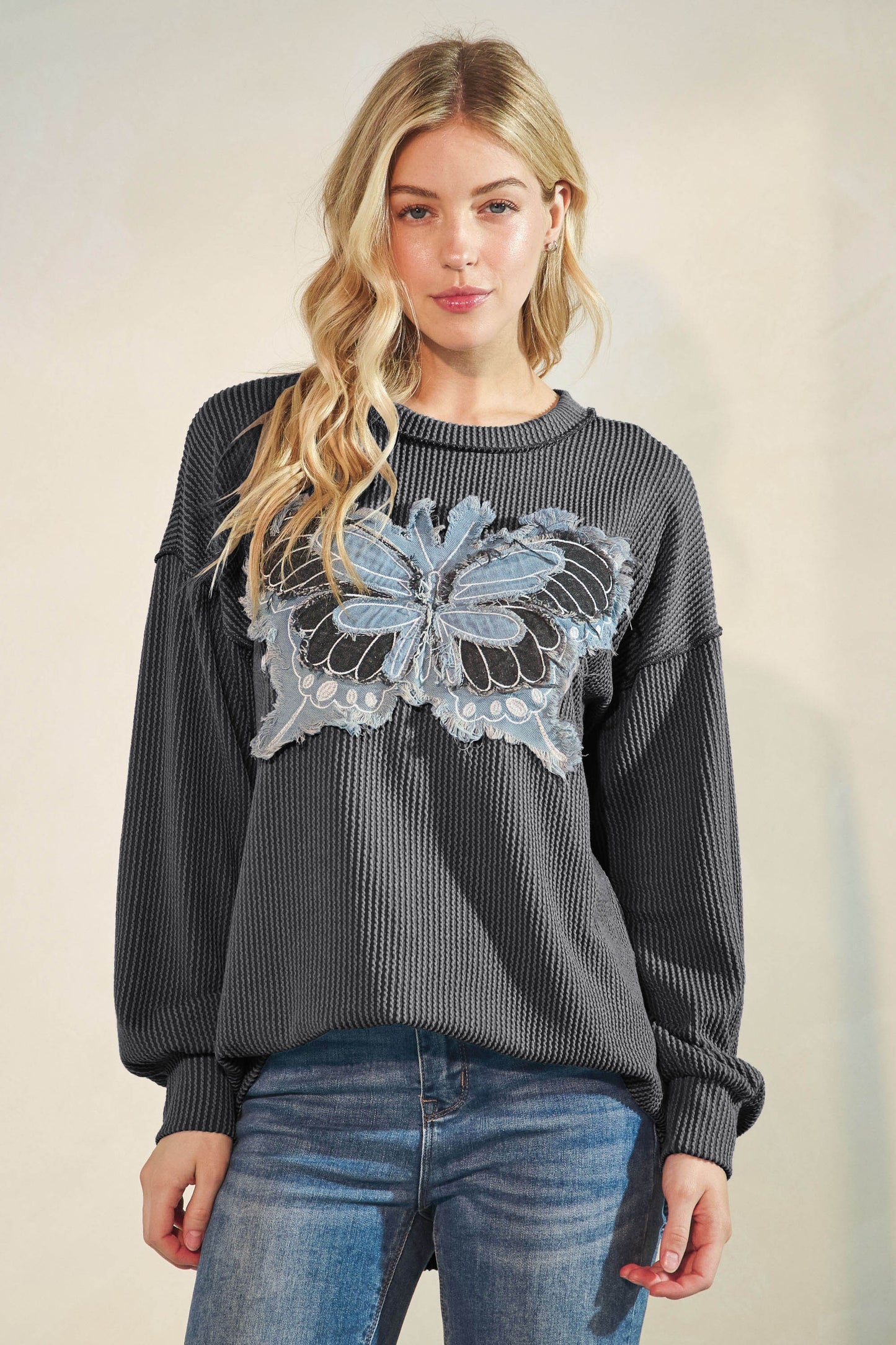 Social Butterfly Patch Ribbed Thermal Top