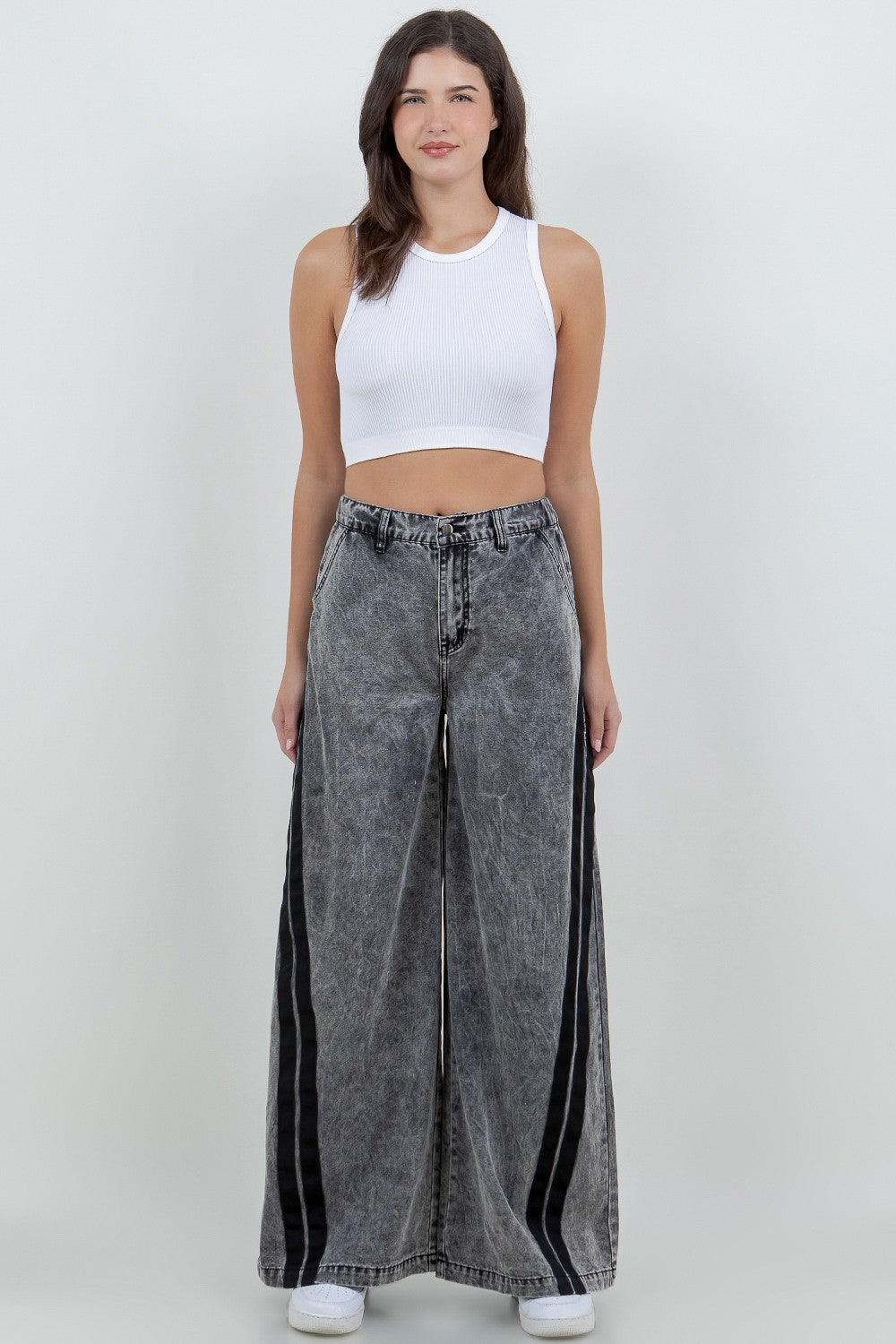 Street Striped Black Wide Leg Jeans