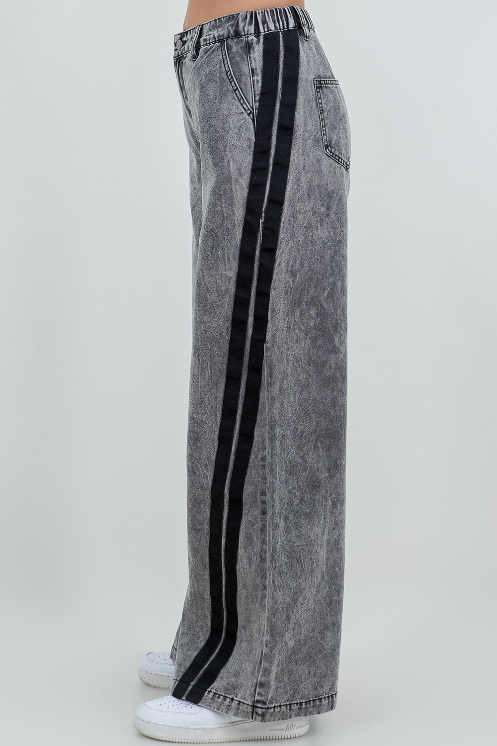 Street Striped Black Wide Leg Jeans