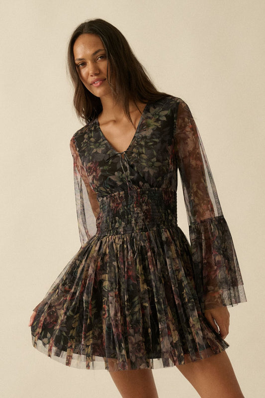Tinlee Floral Layered Tulle Bell Sleeve Mini Dress