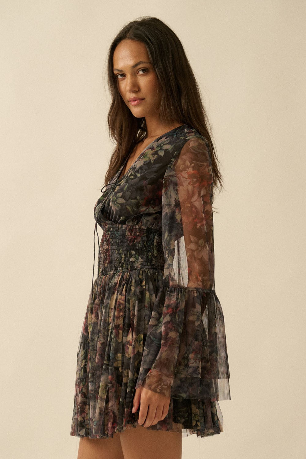 Tinlee Floral Layered Tulle Bell Sleeve Mini Dress