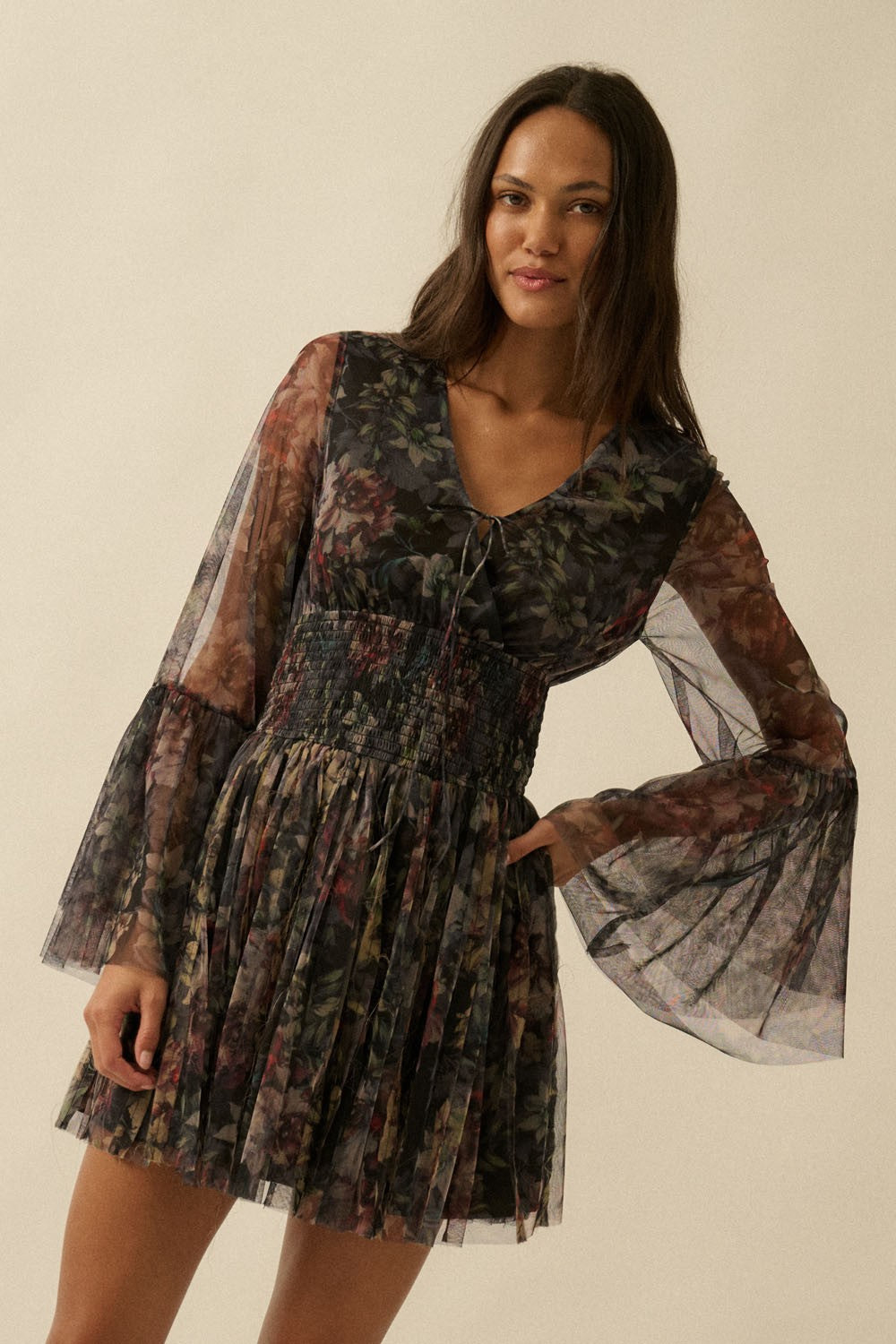 Tinlee Floral Layered Tulle Bell Sleeve Mini Dress