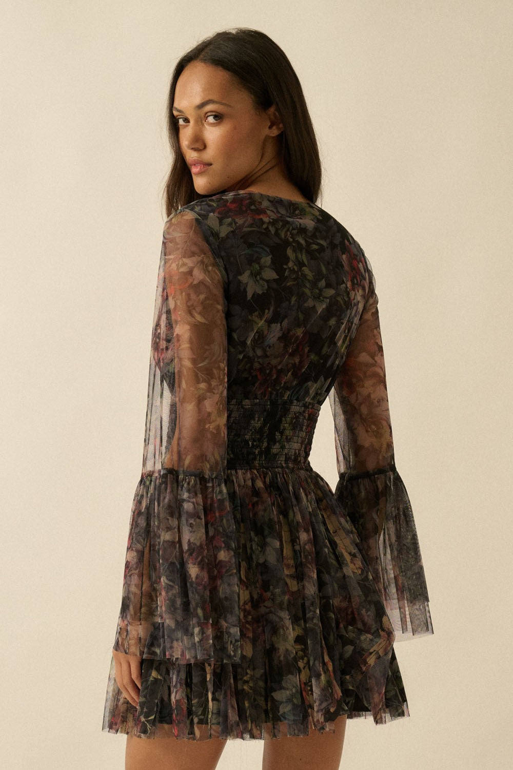 Tinlee Floral Layered Tulle Bell Sleeve Mini Dress