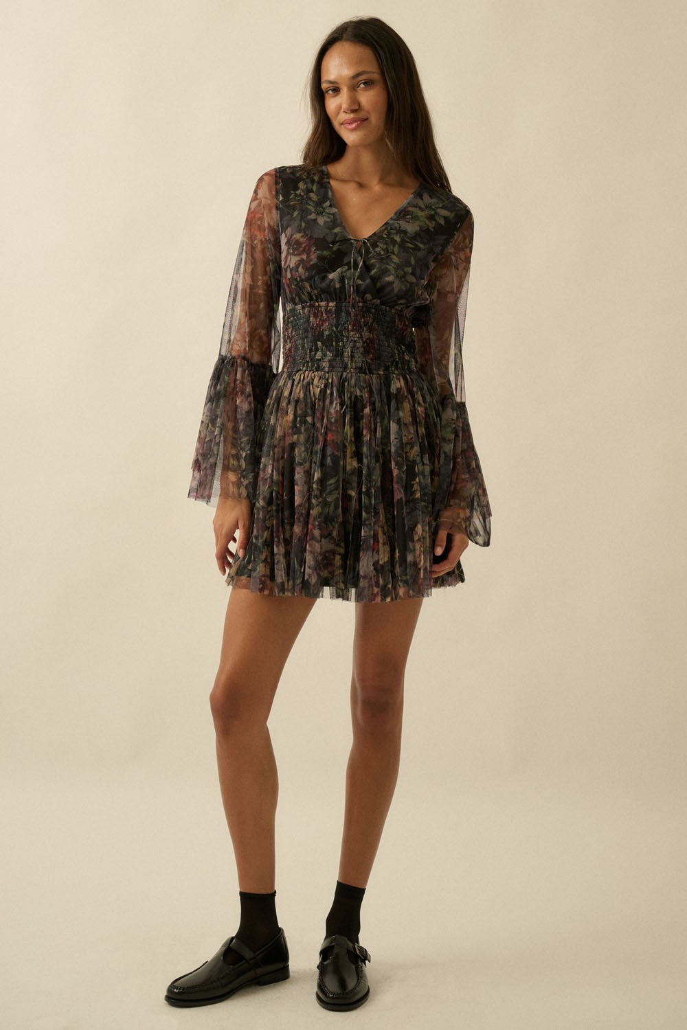 Tinlee Floral Layered Tulle Bell Sleeve Mini Dress