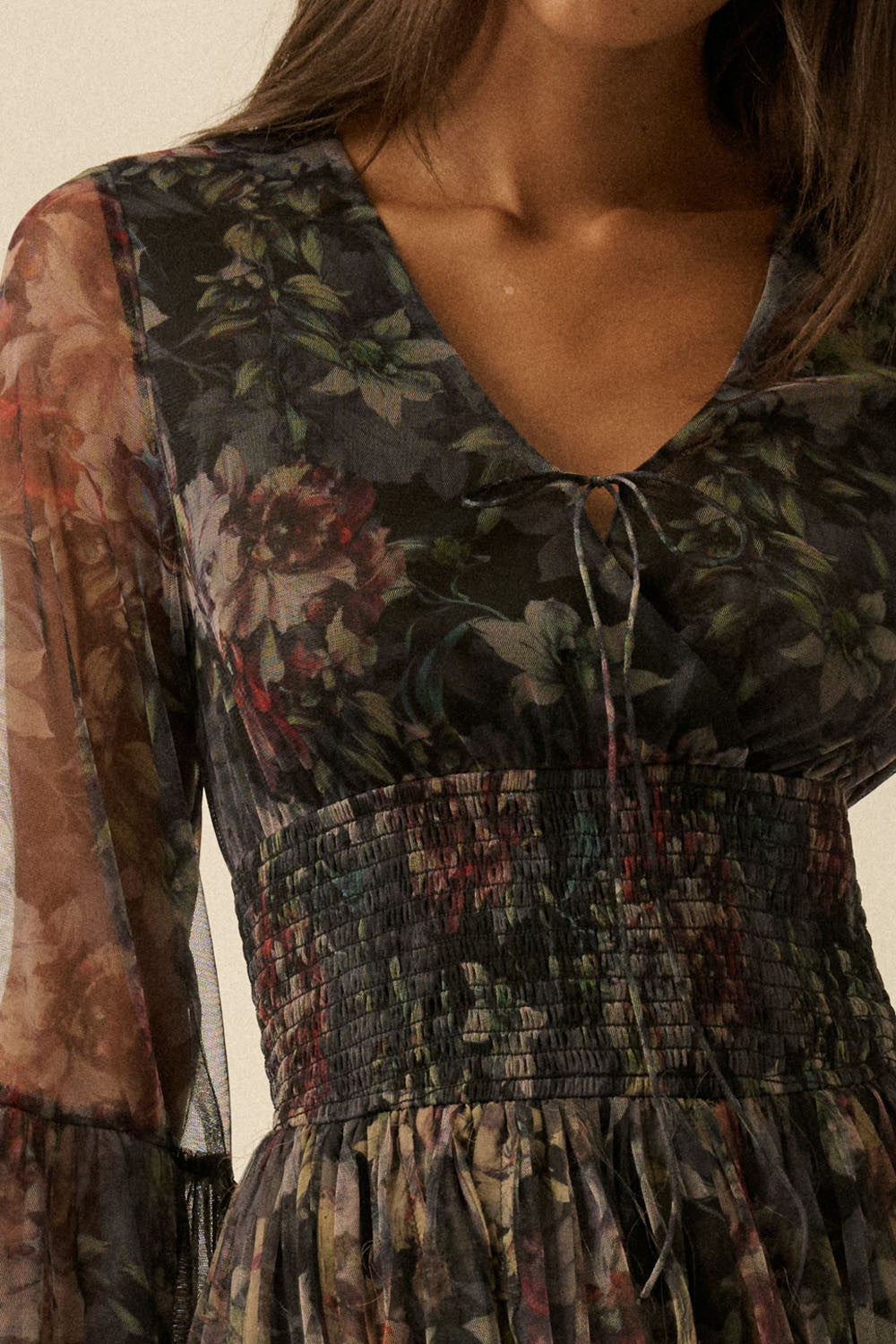 Tinlee Floral Layered Tulle Bell Sleeve Mini Dress