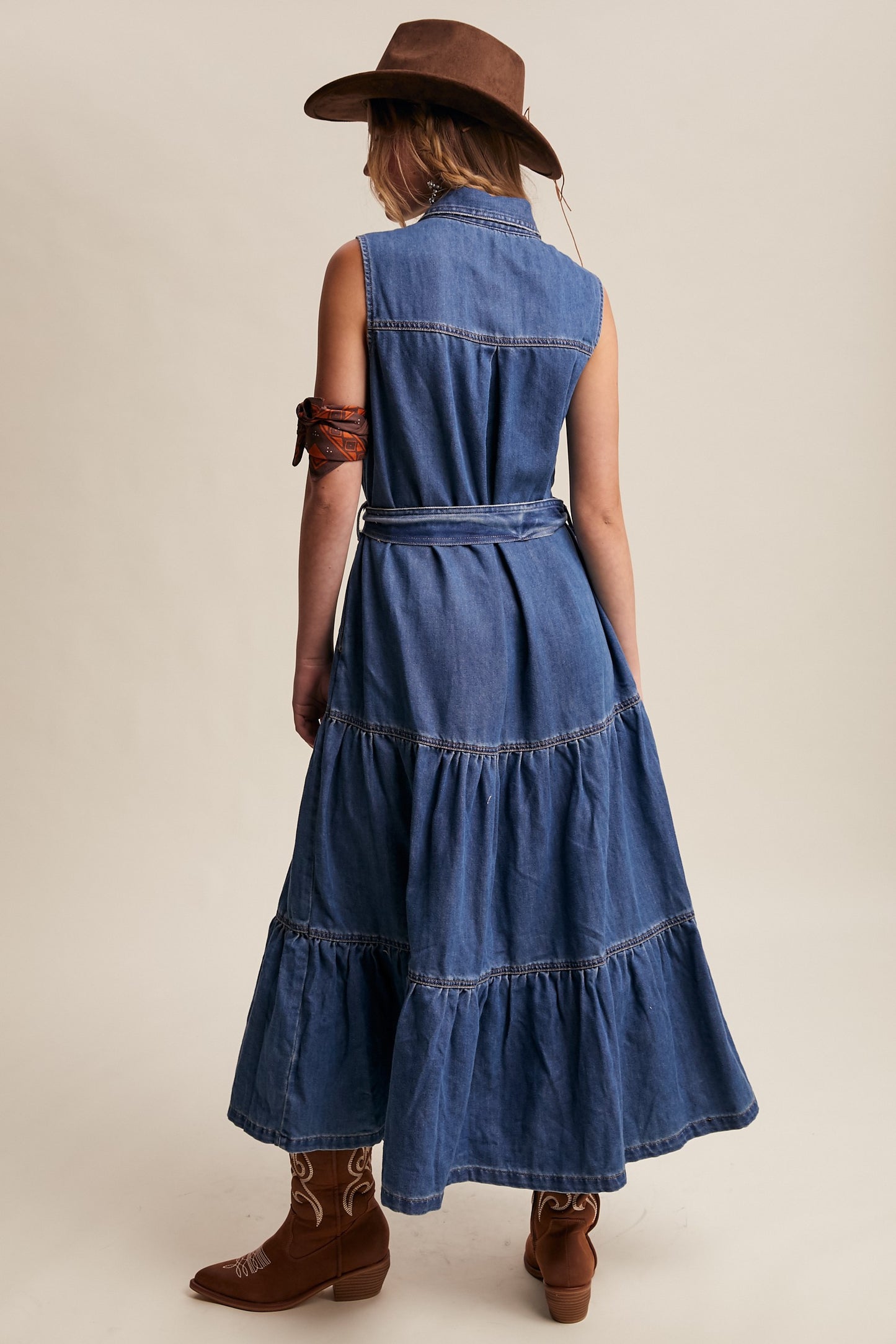 Savannah Sleeveless Tiered Denim Maxi Dress