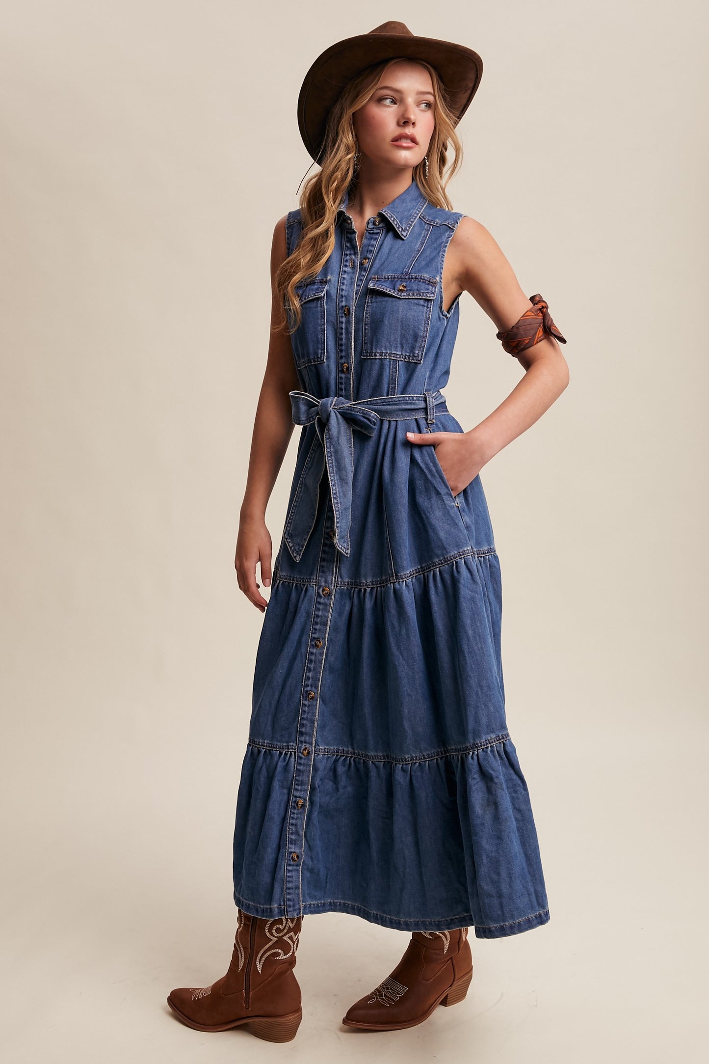 Savannah Sleeveless Tiered Denim Maxi Dress