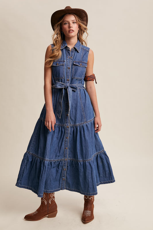 Savannah Sleeveless Tiered Denim Maxi Dress
