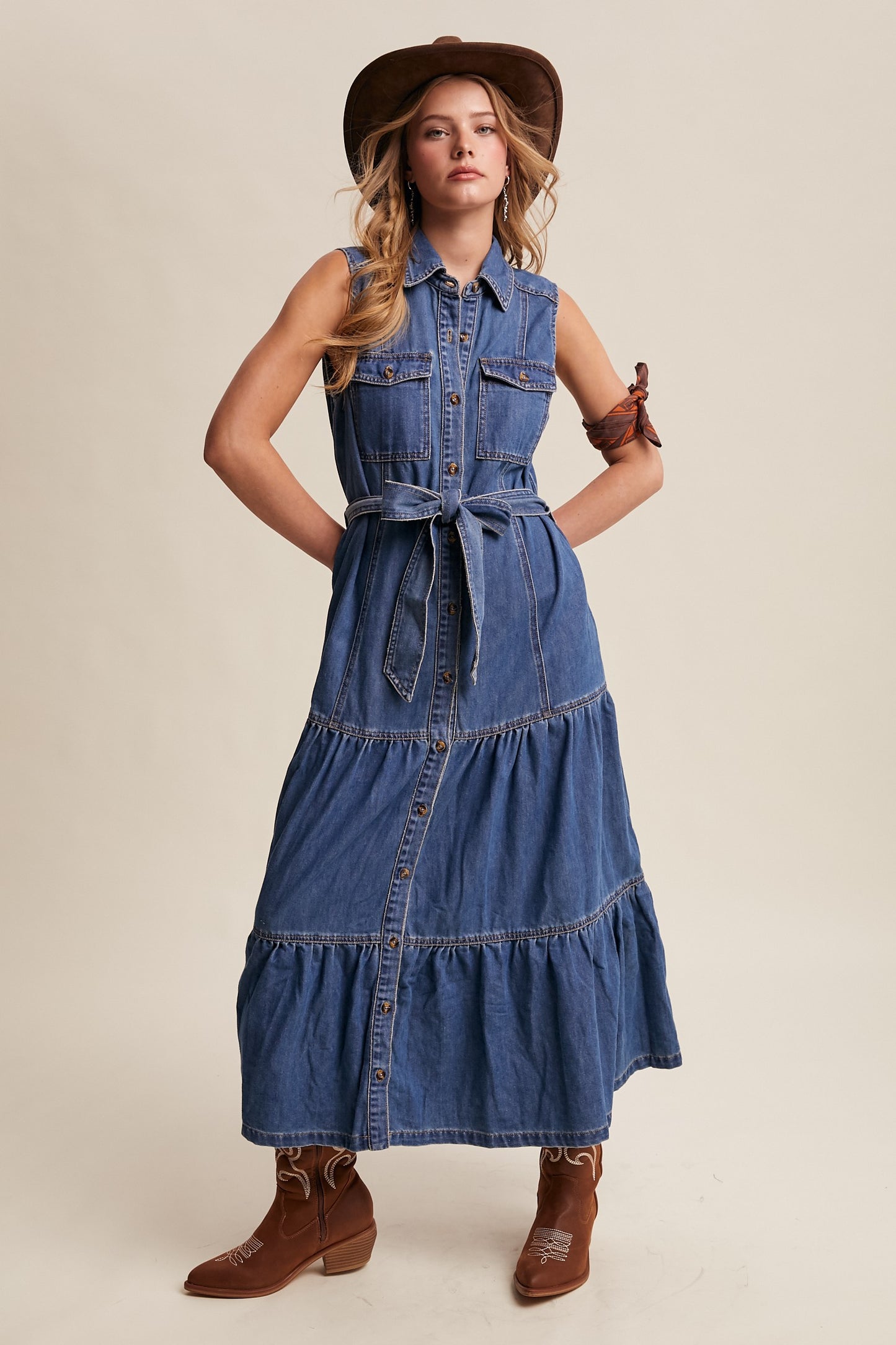 Savannah Sleeveless Tiered Denim Maxi Dress