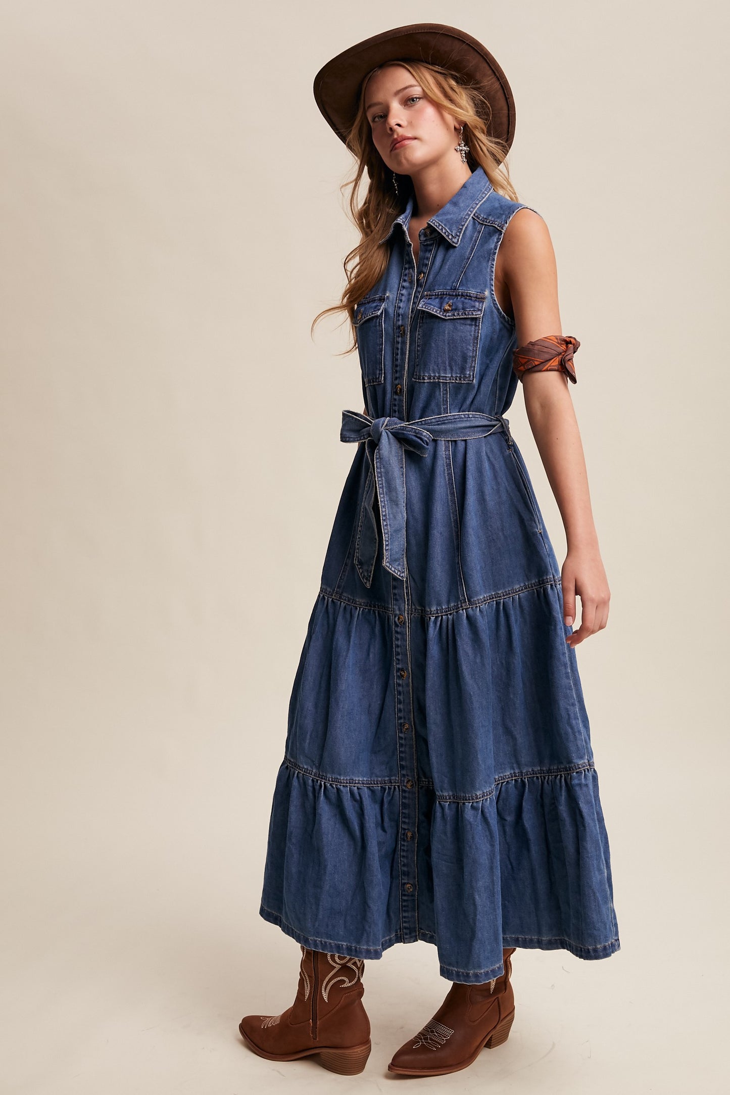 Savannah Sleeveless Tiered Denim Maxi Dress