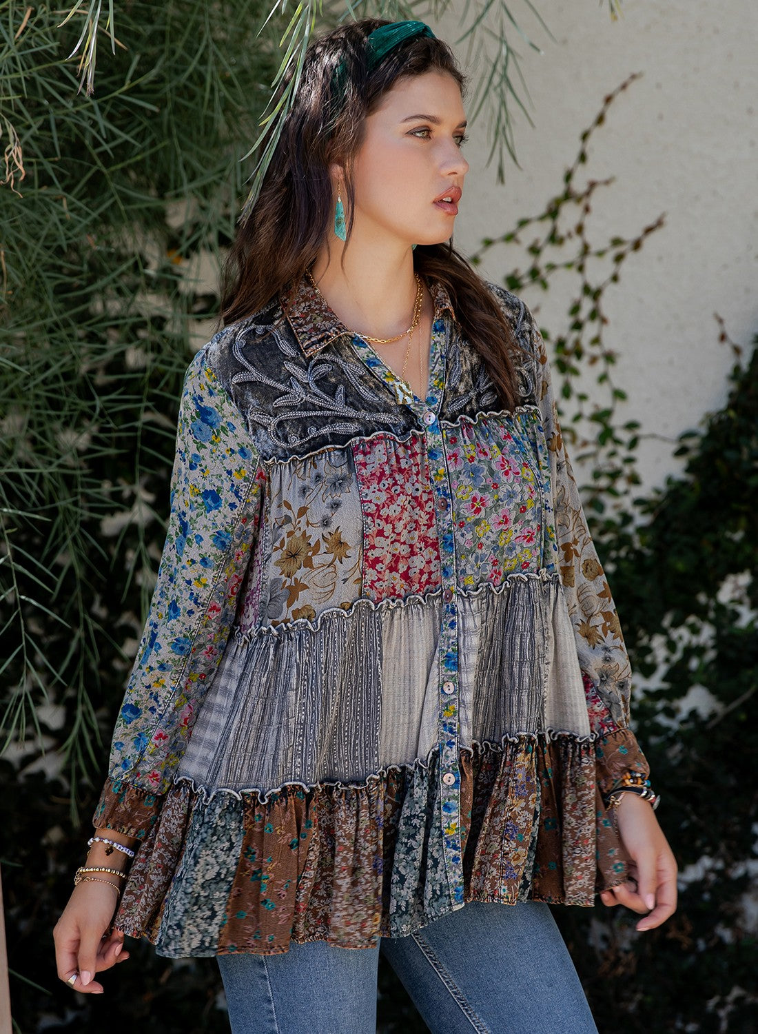 Bellamie Boho Patchwork Button Ruffle Tunic Top