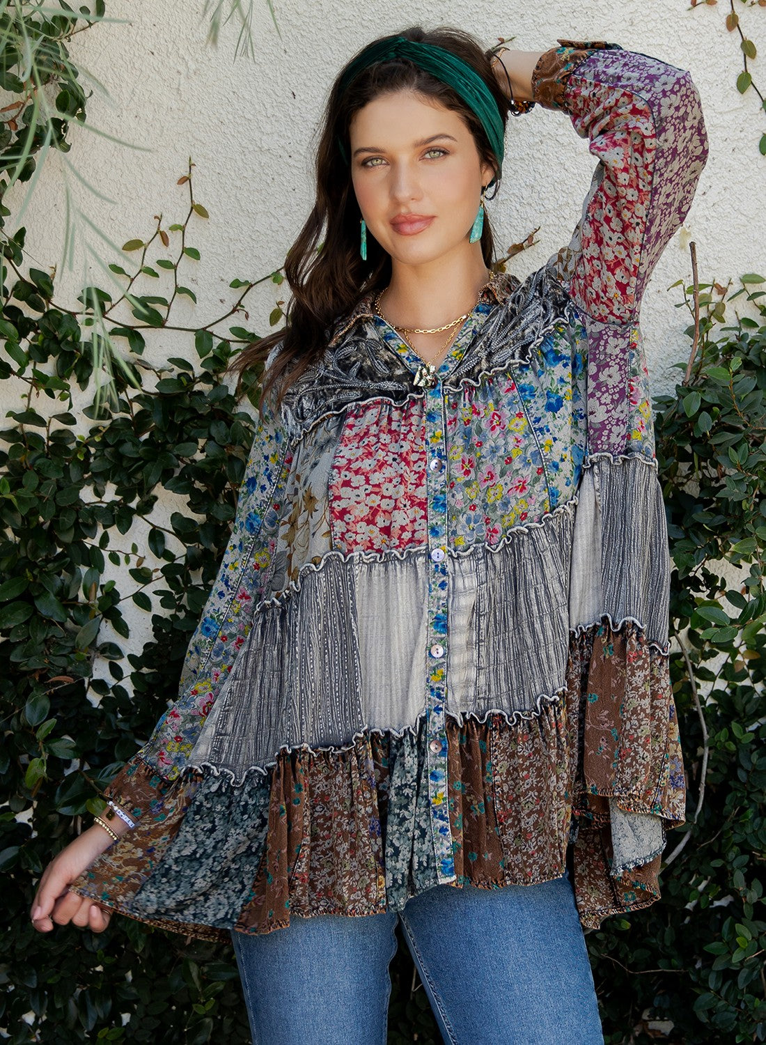 Bellamie Boho Patchwork Button Ruffle Tunic Top