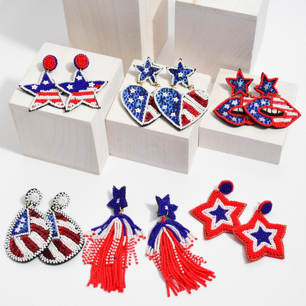 STAR Shaped USA American Flag Patriotic Beaded Earrings