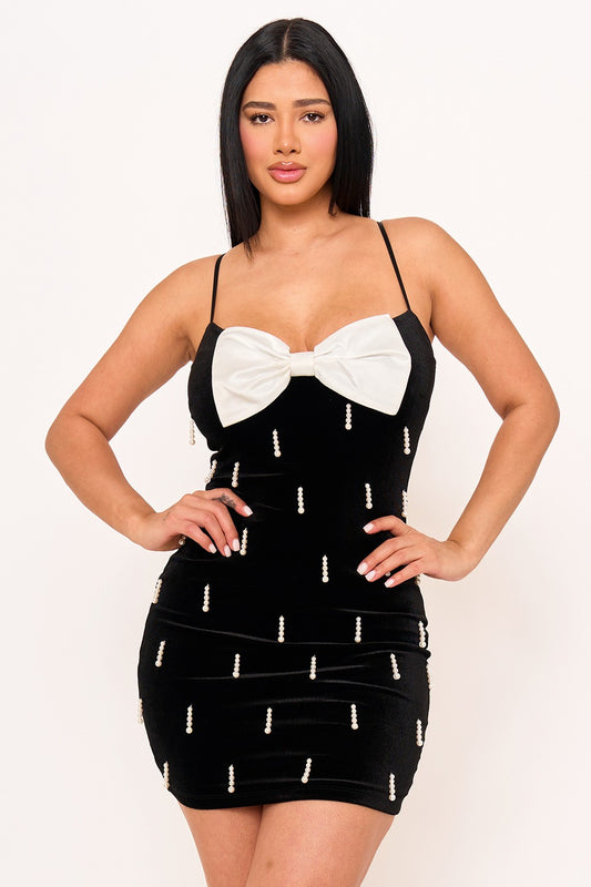 PEARLS & TASSEL TALES VELVET MINI DRESS