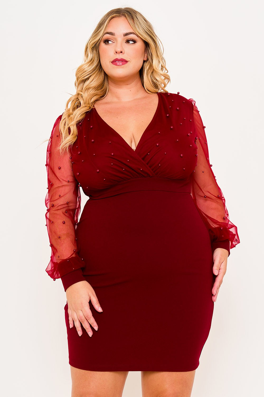 Burgundy Pearl Beaded Mesh Plus Mini Dress
