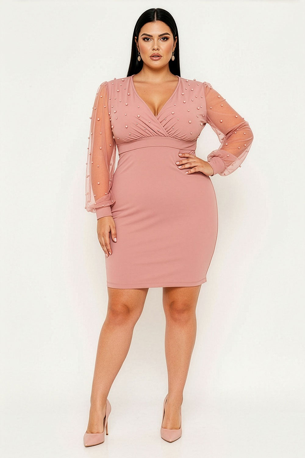 Pink Pearl Beaded Mesh Plus Mini Dress
