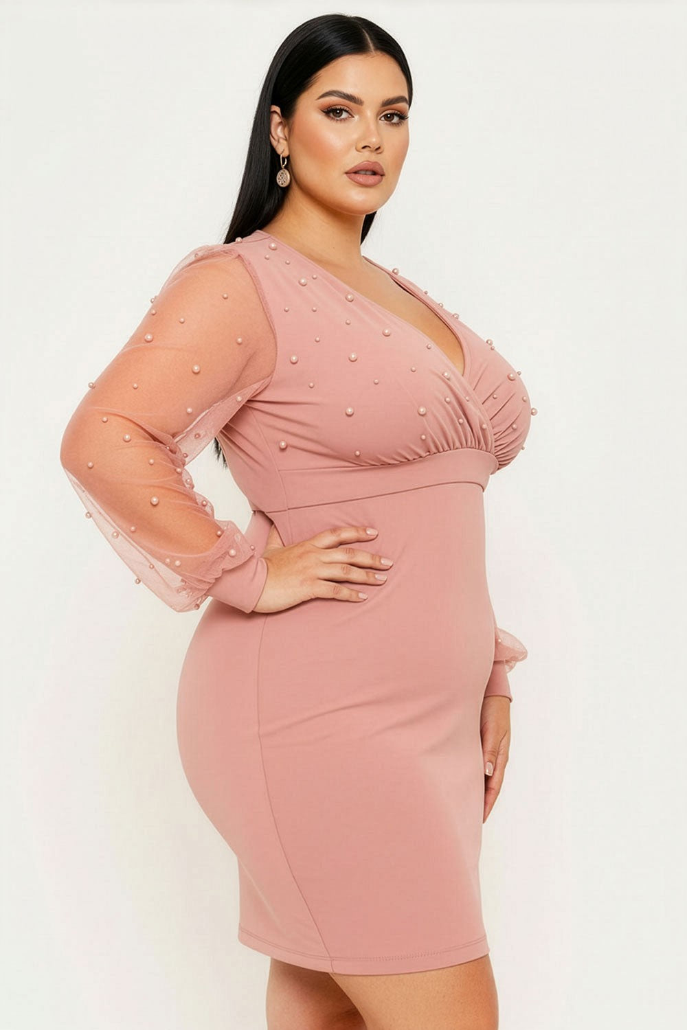 Pink Pearl Beaded Mesh Plus Mini Dress