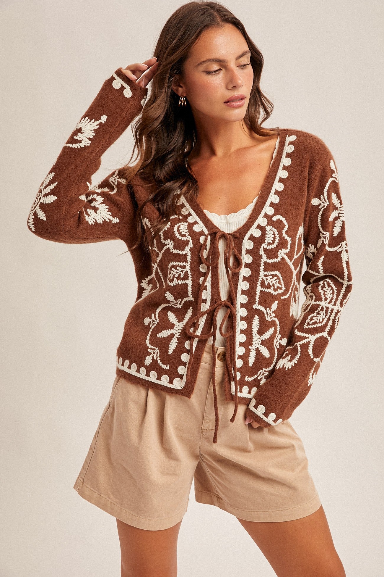 Emma Embroidered Tie-Front Sweater Jacket