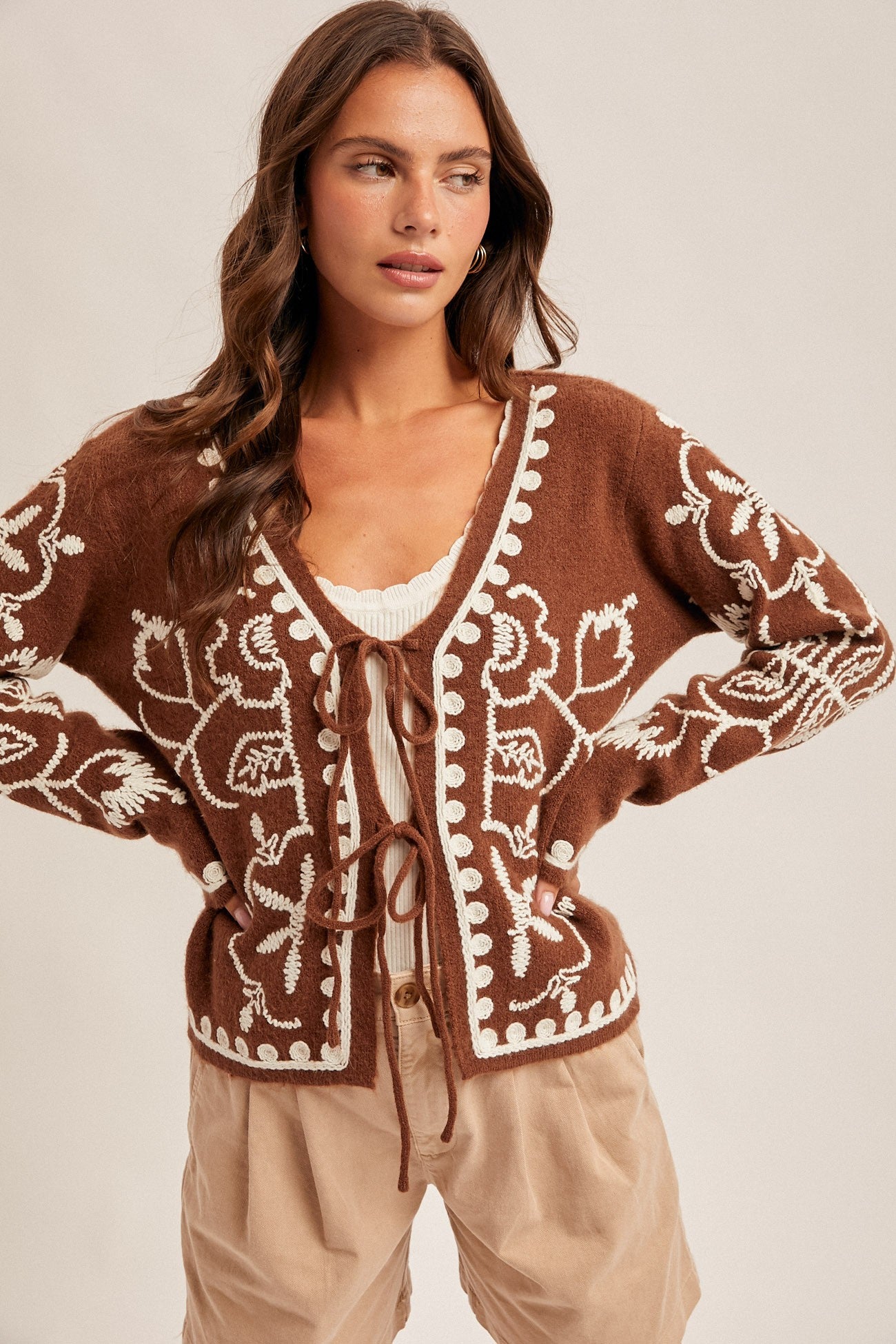 Emma Embroidered Tie-Front Sweater Jacket