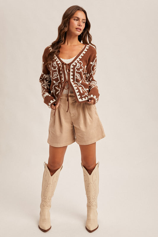Emma Embroidered Tie-Front Sweater Jacket