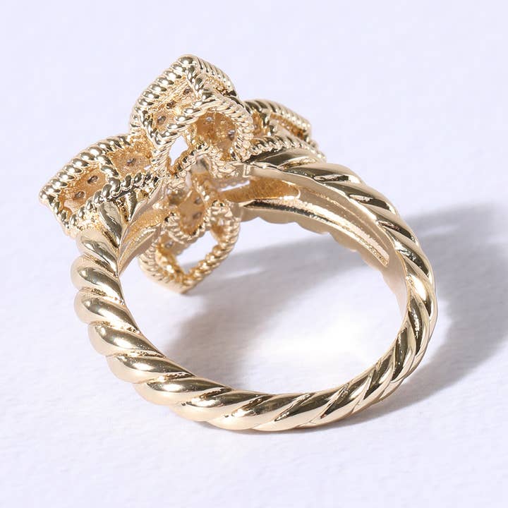 Floral Clover CZ 18K Gold Band Ring