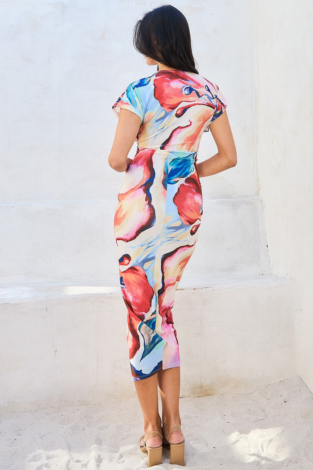 Artful Canvas Gathered Front Midi Dress