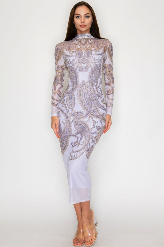 Paisley Purple Mesh Midi Dress