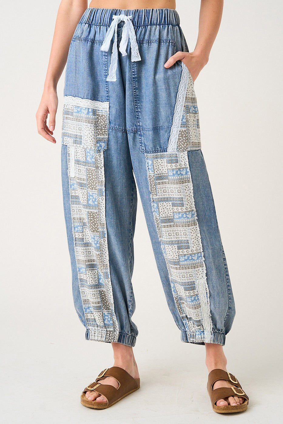 Lace Patchwork Chambray Boho Pants