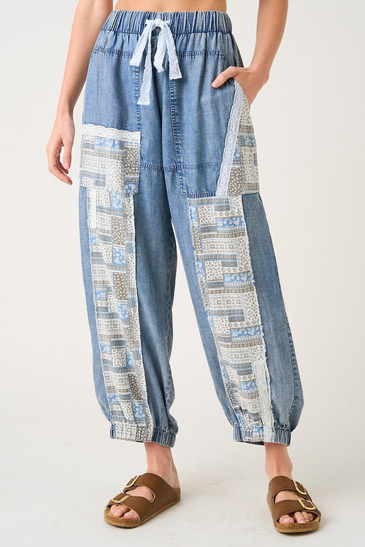 Lace Patchwork Chambray Boho Pants