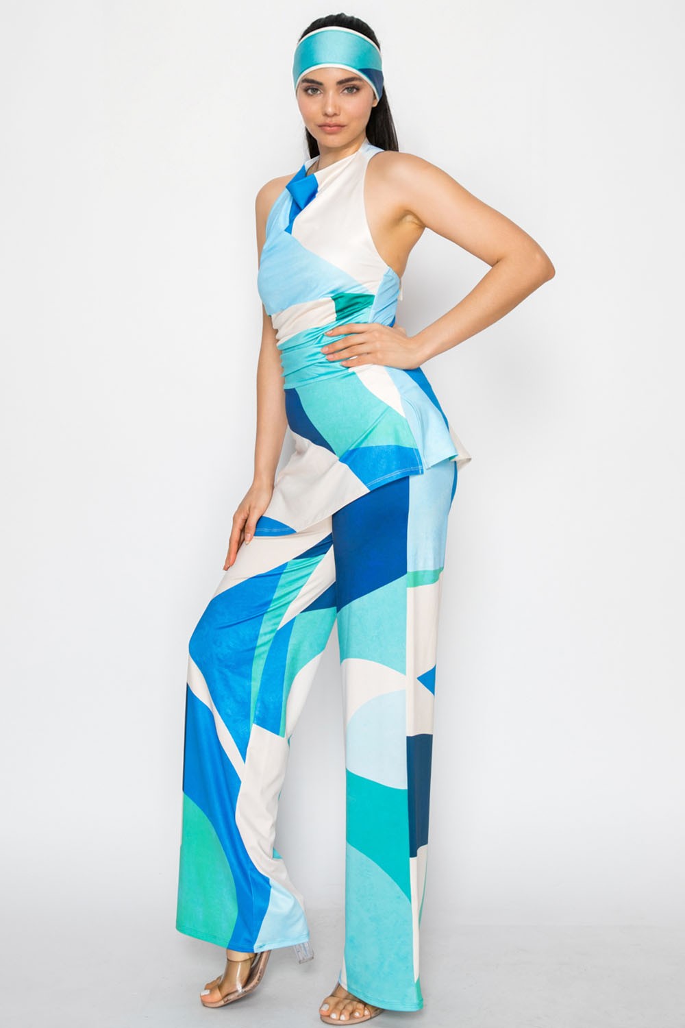 Serving The 70's Blue Mod Halter Jumpsuit