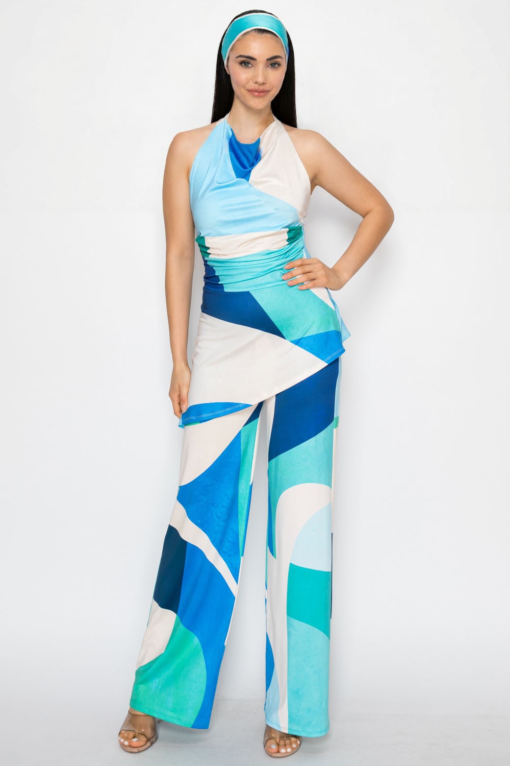 Serving The 70's Blue Mod Halter Jumpsuit