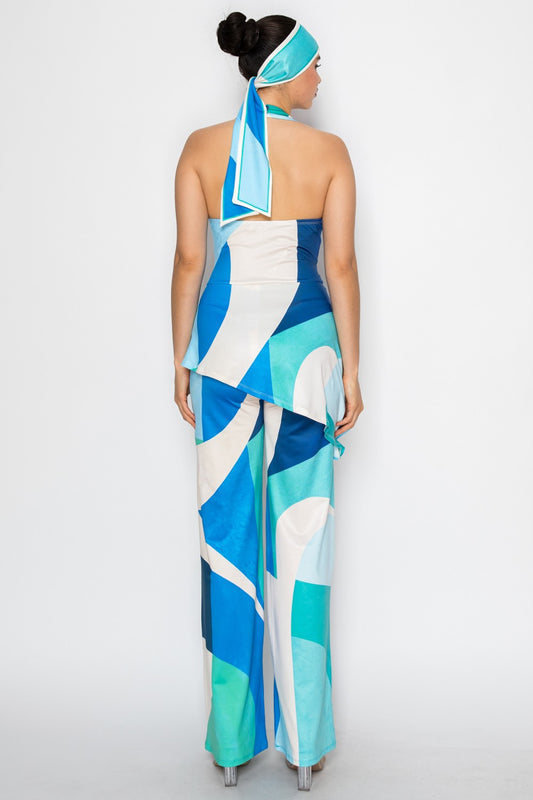 Serving The 70's Blue Mod Halter Jumpsuit