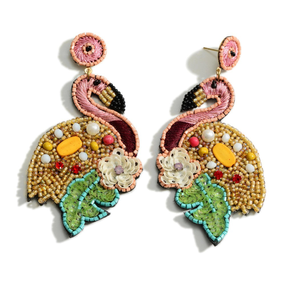 Pink Flamingo Tropical Bird Jeweled Beaded Earrings