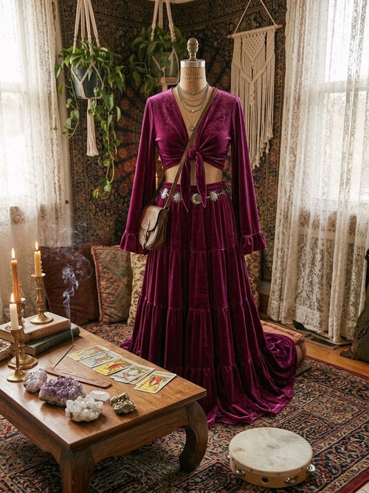 Moon Goddess Bell Sleeve Purple Velvet Boho Top & Skirt Set