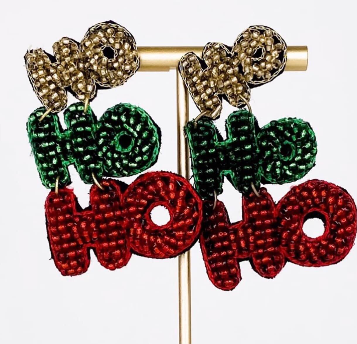 HO HO HO Sparkle Beaded Christmas Holiday Earrings