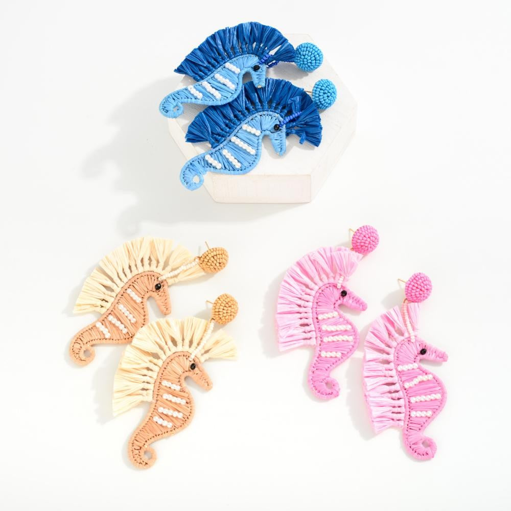 Raffia Seahorse Pearl Embellished Earrings