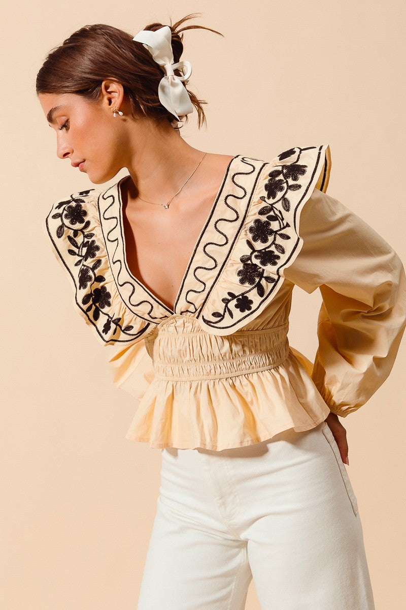 Allegra Floral Embroidered Neckline Peplum Top