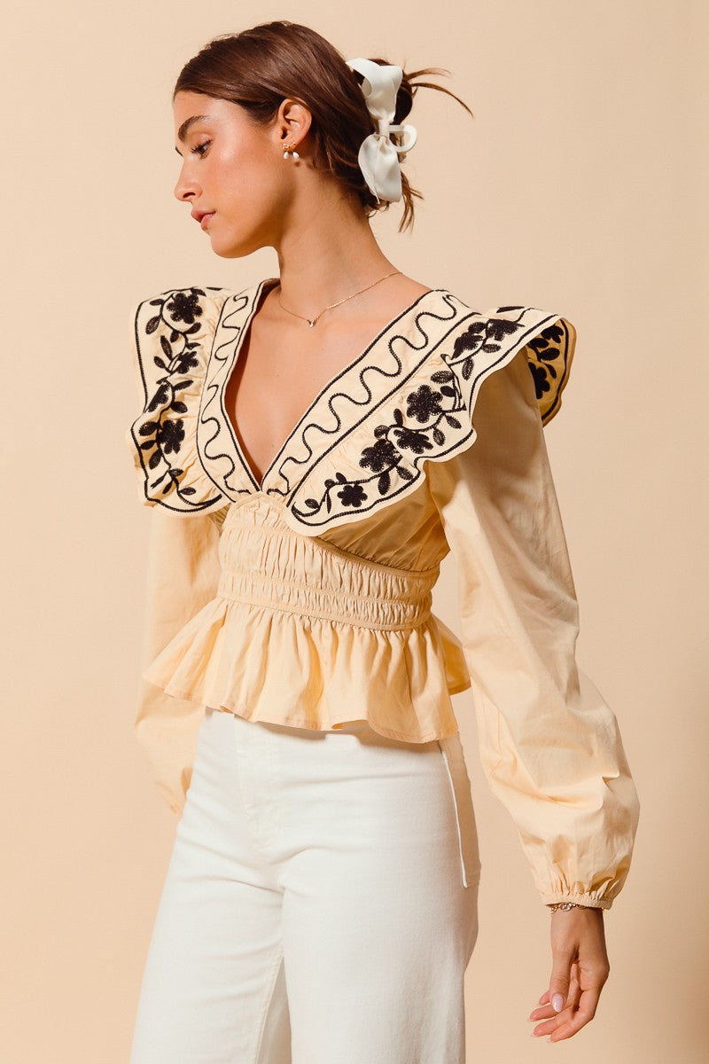 Allegra Floral Embroidered Neckline Peplum Top