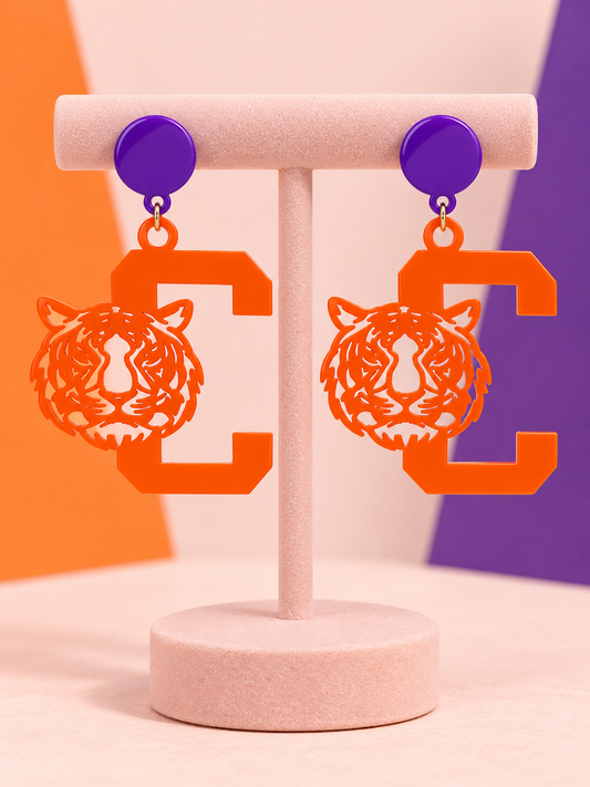 Clemson Tigers Football Acrylic Orange Purple Earrings