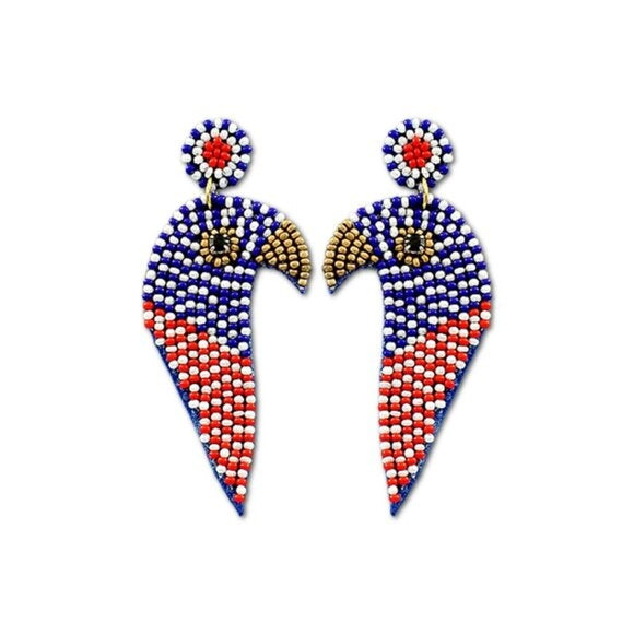 Patriotic Red White Blue Parrot Beaded Earrings