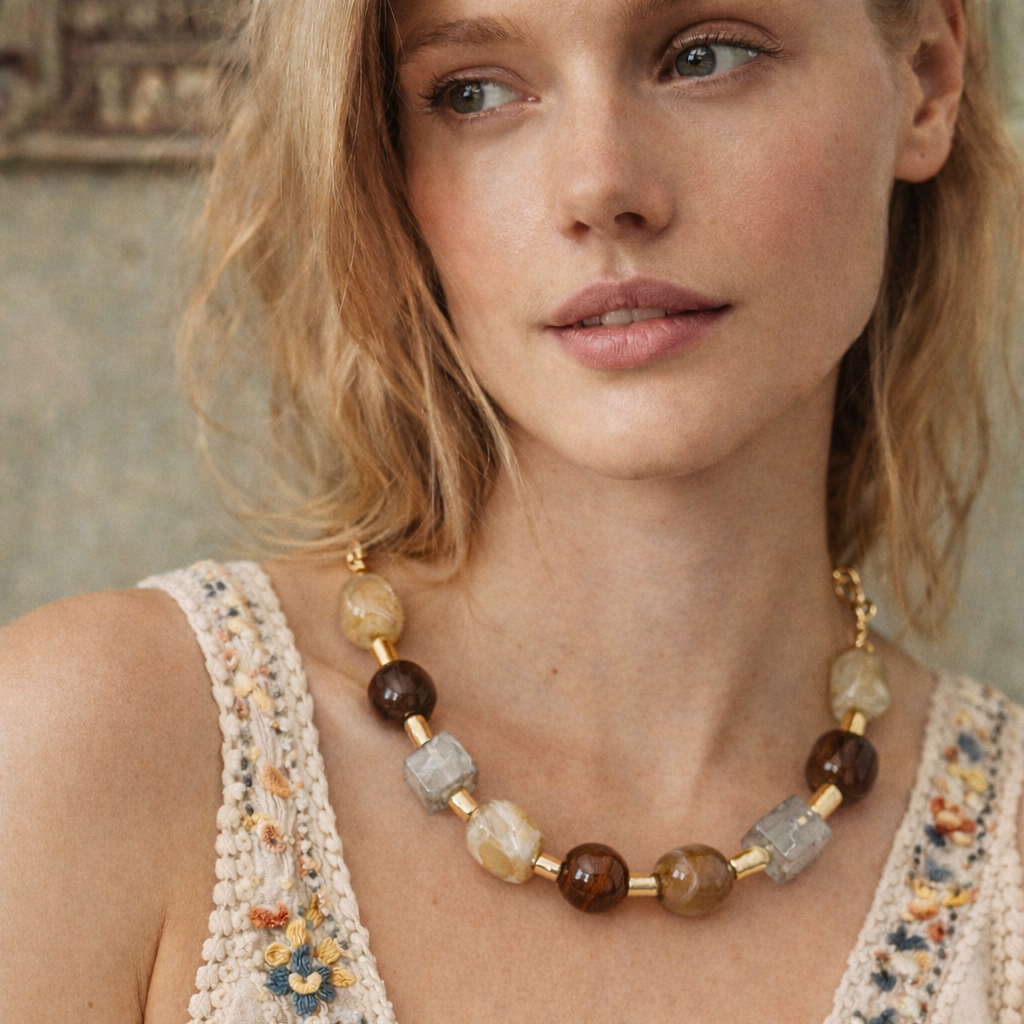 Chunky Geometric Marbled Beaded Necklace