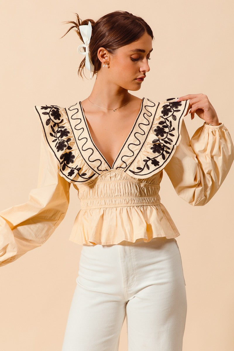 Allegra Floral Embroidered Neckline Peplum Top