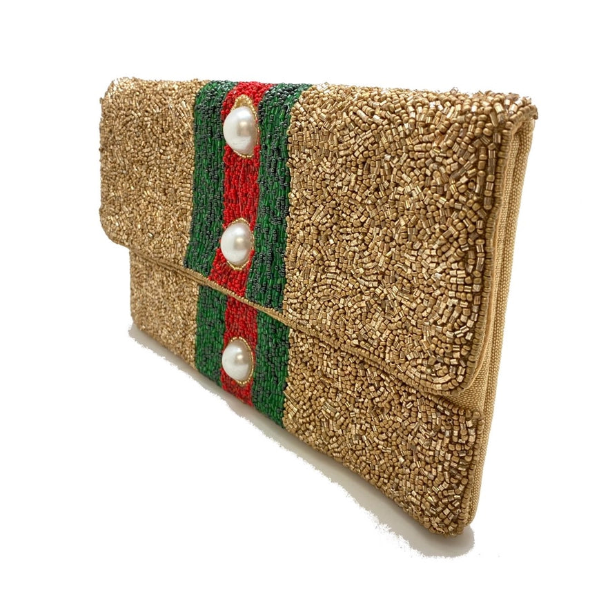 Red Green Striped Gold Beaded Clutch Bag
